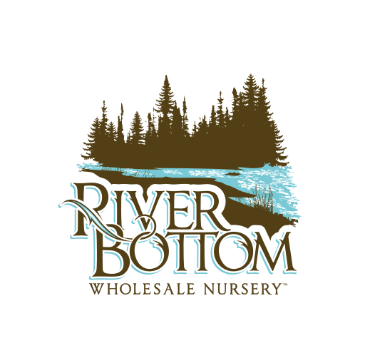 Logo for River Bottom Wholesale Nursery featuring trees, a river, and the business name.