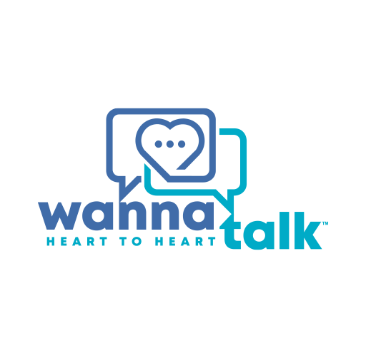 Logo for Wanna Talk featuring two speech bubbles, one with a heart and ellipsis, and the text "wanna talk" with the tagline "Heart to Heart".