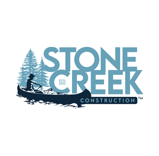 Logo for Stone Creek Construction featuring a person on a canoe with pine trees in the background, ESTD 2003.
