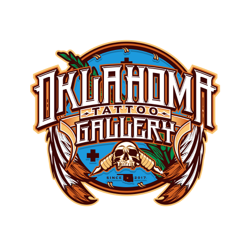 Oklahoma Tattoo Gallery logo featuring a skull, feathers, and green leaves in a circular design.