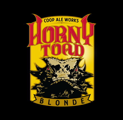 Logo for Horny Toad, featuring a fierce horny toad, with the text "COOP ALE WORKS" above and "BLONDE" below, all on a yellow and black background.