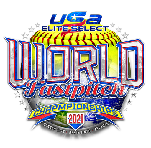 Apparel design for the 2021 USSSA Elite Select World Fastpitch Championships featuring a yellow softball, a baseball diamond, and the cities Kansas City, Des Moines, and Atlanta.