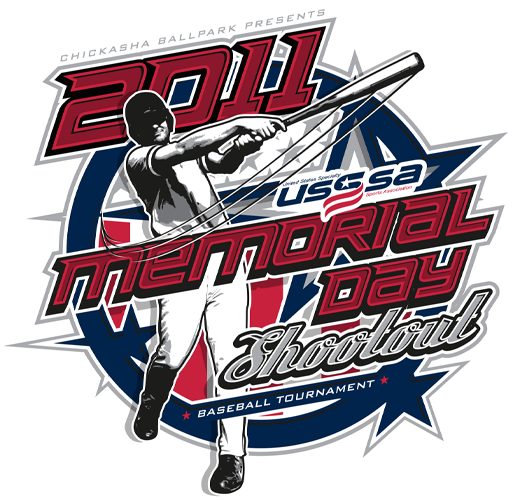 Apparel design for the 2011 Chickasha Memorial Day Shootout baseball tournament, featuring a baseball player swinging a bat with patriotic elements and event details.