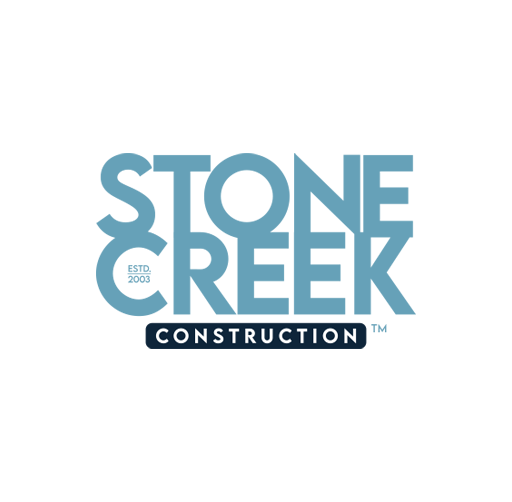 Stone Creek Construction logo with blue text and black background for the word 'Construction'