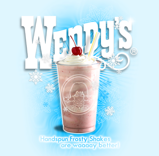 Apparel design Wendy's logo with a handspun Frosty milkshake topped with whipped cream and a cherry, surrounded by snowflakes, promoting handspun Frosty shakes.
