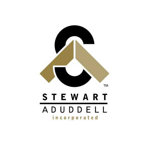Logo for Stewart Aduddell Incorporated with geometric design and black, gold, and beige colors.
