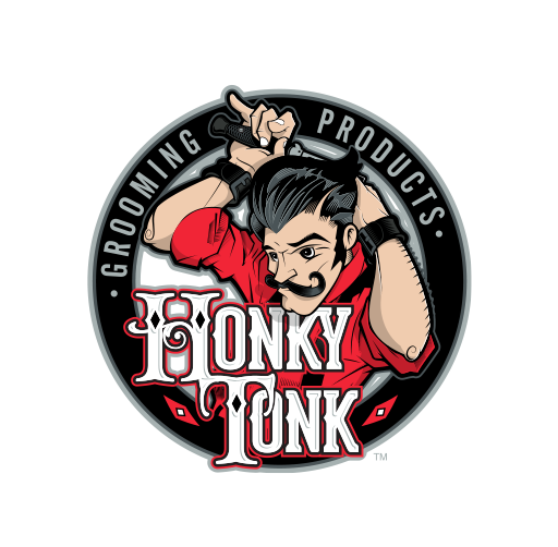Logo featuring a man with a mustache, wearing a red shirt, holding a comb and mirror, with the text "Honky & Tonk" and words "Grooming Products" around him.