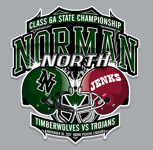 Apparel design for a high school football game, featuring helmets of Norman North and Jenks teams, with game details including date, location, and teams' names.