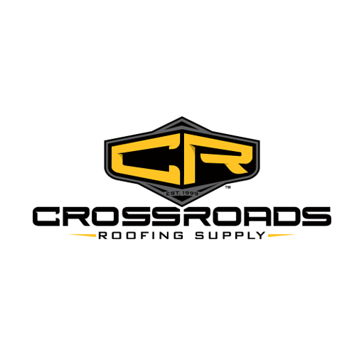 Logo for Crossroads Roofing Supply with a black and yellow shield design and the text "C R" and "CROSSROADS ROOFING SUPPLY".