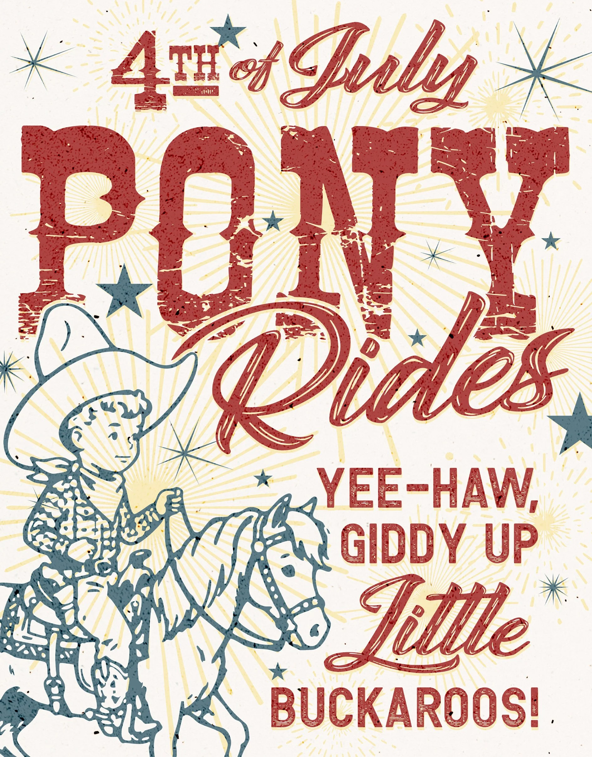 A patriotic Fourth of July celebration poster with red, white, and blue colors. It features large, distressed text that says "4th of July" and "BOOM," with decorative stars, fireworks. The Pioneer Woman Pawhuska Oklahoma
