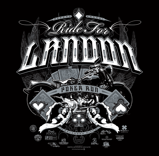 Apparel design with text 'Ride for Landon' and 'Poker Run,' features motorcycle, two angels, playing cards, and various sponsor logos.
