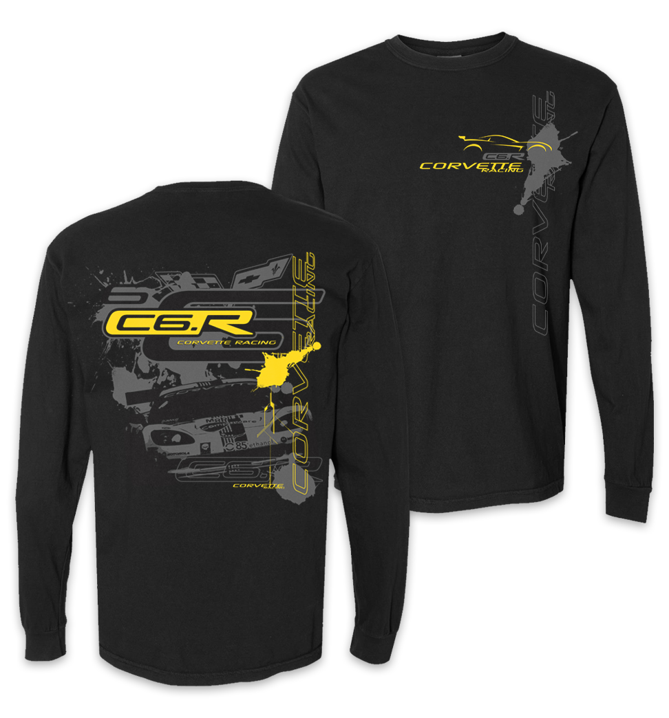 Black long-sleeve t-shirt with racing car graphics and 'C8.R Corvette Racing' branding in yellow and gray on front and back.