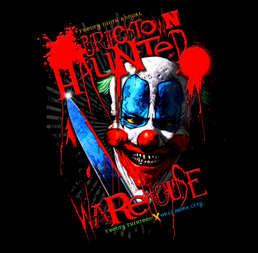 A poster for the 29th annual Bricktown Haunted event featuring a sinister clown with blue face paint, red nose, and sharp teeth, holding a large knife, surrounded by red paint splatters and dripping text, with event details for Oklahoma City.