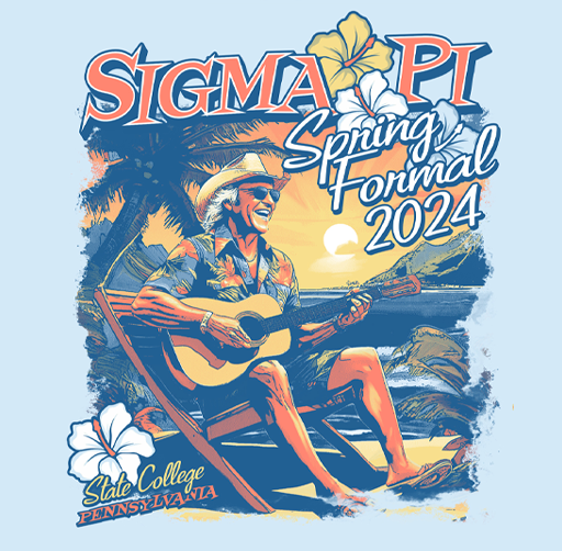 Apparel design illustration of Jimmy Buffett, sitting on a beach chair playing an acoustic guitar, with a tropical background including palm trees, a sunset, and hibiscus flowers, promoting Sigma Pi Spring Formal 2024 at State College, Pennsylvania.