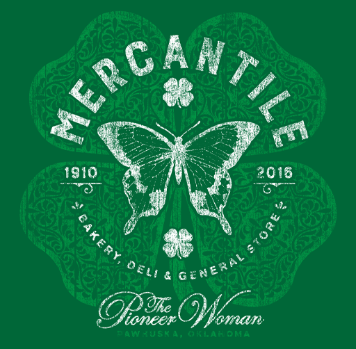 The Pioneer Woman, green logo with a butterfly in the center, surrounded by the words 'Mercantile Bakery, Deli & General Store' and the years 1910 and 2016, with the motto 'The Pioneer Woman' and location 'Pawhuska, Oklahoma'.