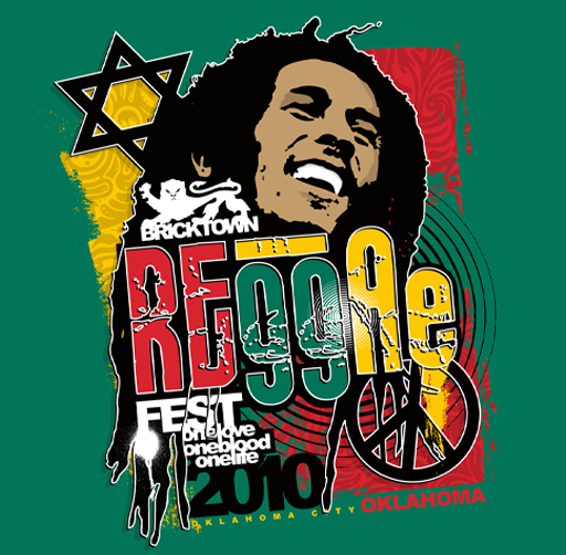 Festival poster with a smiling woman with dreadlocks, featuring a rainbow flag, Star of David, peace sign, and the text 'Bricktown Reggae Fest 2020 in Oklahoma'.