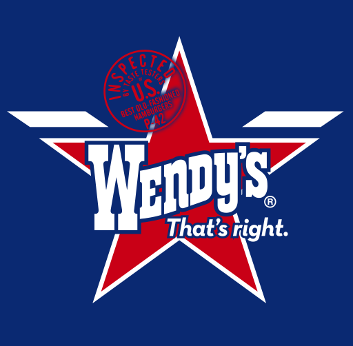 Apparel design Wendy's logo featuring a red star with white and blue accents, with Wendy's slogan 'That's right' below.