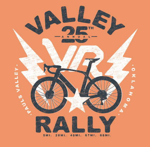 Event logo celebrating the 25th Valley RVC Rally with a bicycle, lightning bolts, and text on an orange background.