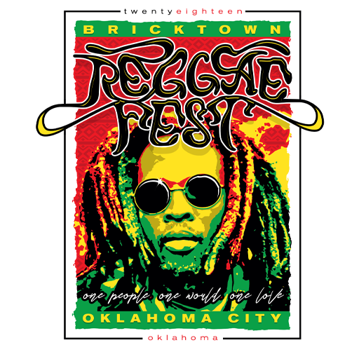 Poster for Reggae Fest 2018 featuring a portrait of a person with dreadlocks wearing sunglasses, with vibrant red, green, yellow, and black colors, promoting the event in Bricktown, Oklahoma City.