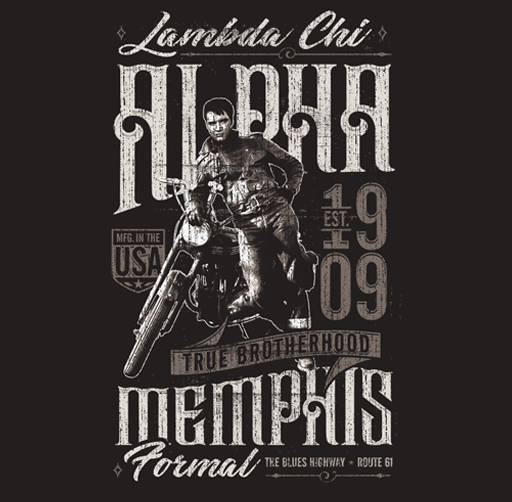 Apparel design with a man riding a motorcycle, text reading 'Lambda Chi Alpha 1909', 'True Brotherhood', and references to Memphis and Route 61, with a US manufacturing badge.