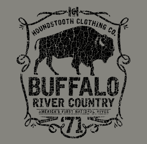 Apparel design  for Hounstooth Clothing Co. featuring a silhouette of a buffalo with the text "BUFFALO RIVER COUNTRY" and "America's First National River," surrounded by decorative borders and the number 71.