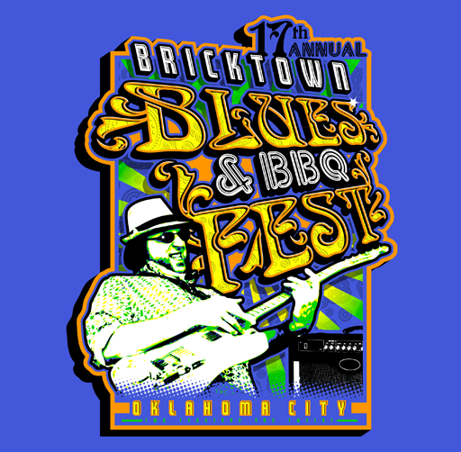 Poster for the 17th Annual Bricktown Blues & BBQ Fest in Oklahoma City, featuring a man playing guitar with a hat, sunglasses, and a beard, against a colorful background with event details.