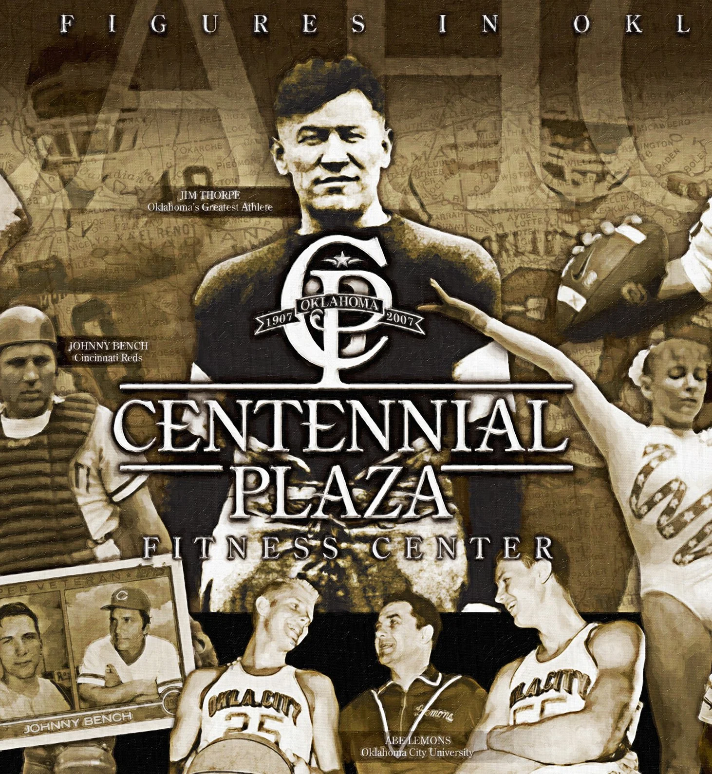 A tribute banner for Oklahoma City's Centennial Plaza and Fitness Center, featuring historical images of famous national athletes and landmarks from Oklahoma, with a central image of Jim Thorpe, labeled 'Oklahoma's Greatest Athlete".