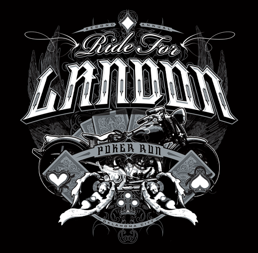 Apparel design for the second annual Ride for Ladon poker run featuring a motorcycle, playing cards, and poker-related graphics.