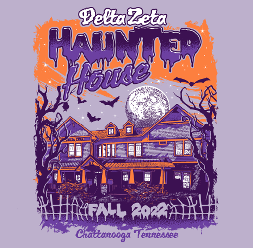 Apparel design illustration of a haunted house at night with bats flying, leafless trees, full moon, and purple and orange color scheme, promoting Delta Zeta Haunted House event in Chattanooga, Tennessee, October 2022.