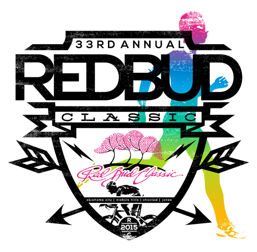 Event poster for the 33rd Annual Redbud Classic featuring a stylized shield with trees, a bicycle, and colorful paint splashes, with text indicating race categories and locations.