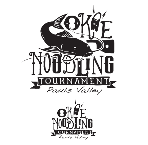 Logo for the Okie Noodling Tournament in Pauls Valley, featuring a catfish and fishing hooks.