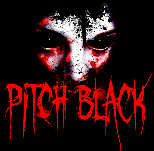 A dark, horror-themed poster featuring a creepy face with intense eyes, splattered black and red paint, and the words "PITCH BLACK" in jagged red font at the bottom. Bricktown Haunted Warehouse, OKC.