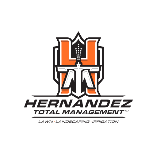 Logo for Hernandez Total Management, featuring a stylized 'H' with a shield, a sprinkler head, indicating services in lawn care, landscaping, and irrigation.