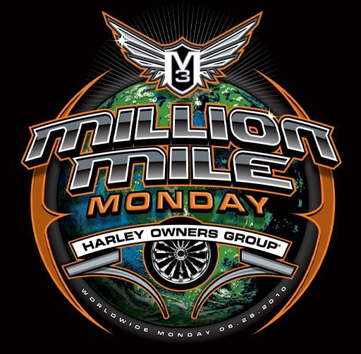 Logo for Million Mile Monday Harley Owners Group event featuring a Harley-Davidson wings emblem, a globe, and a motorcycle wheel, with event details and date.