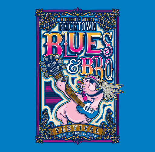 A colorful poster for the Bricktown Blues & BBQ Festival featuring a pig with angel wings playing an electric guitar, with vibrant decorative borders and text indicating it is the 19th annual event in Oklahoma City.