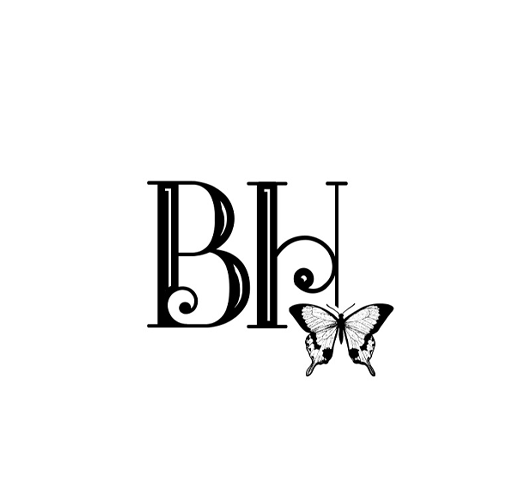 'The Pioneer Woman Boarding House' stylized monogram with the letter B, a butterfly graphic, and the letter H, all in black on a white background.