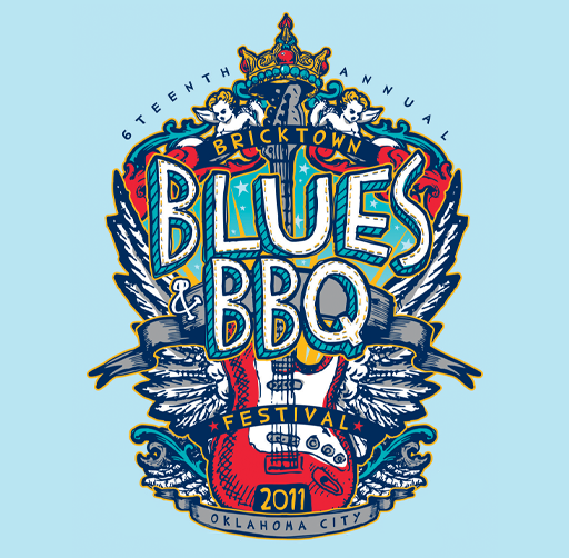 Logo for the 69th annual Bricktown Blues & BBQ Festival 2011 in Oklahoma City, featuring a guitar, wings, a crown, and musical notes.
