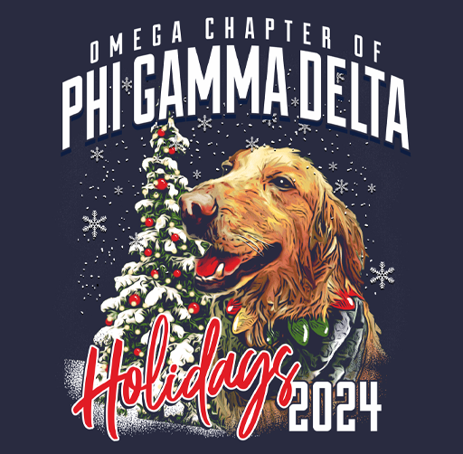 Apparel design for Omega Chapter of Phi Gamma Delta featuring a smiling golden retriever, a Christmas tree, and holiday text for 2024.