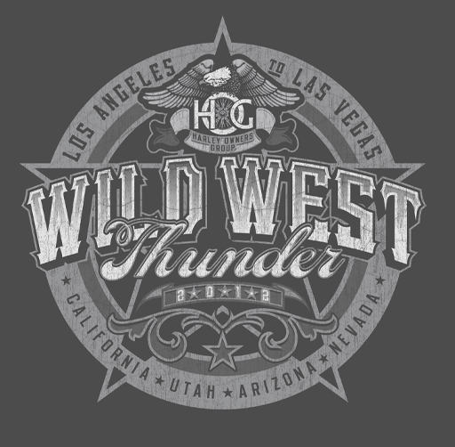 Apparel design Wild West Thunder, a Harley Davidson Group event in Las Vegas, with locations in Los Angeles, California, Utah, Arizona, Nevada, and Nevada, featuring American-style design elements.
