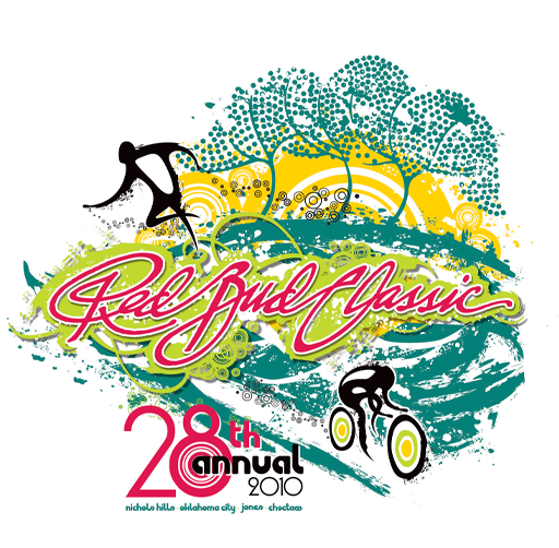 Colorful graphic design promoting the RedBud Classic 28th annual event in 2010, featuring a cyclist and vibrant abstract elements.