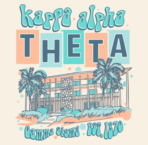 Apparel design of illustration of Kappa Alpha Theta sorority house with palm trees, featuring the fraternity name, founding year.