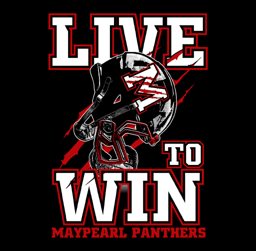 Apparel design of football helmet in front of a background of the moon with lightning bolts, with text "Live to Win" and "Maypearl Panthers".