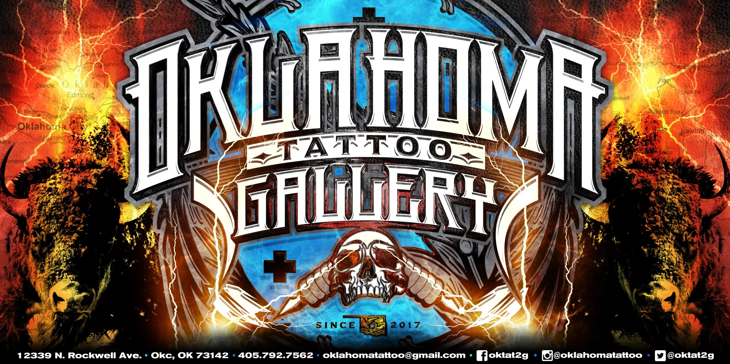 Oklahoma Tattoo Gallery shop logo with bold, stylized text reading 'TATTOO SHOP' surrounded by illustrations of skulls, lions, and lightning bolts with a background of stormy skies and lightning strikes.
