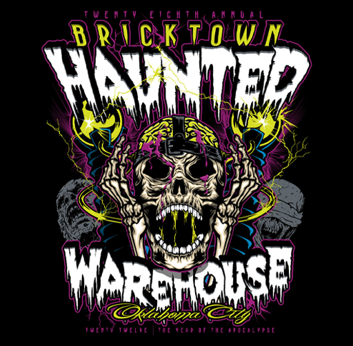 Graphic design poster for the 28th annual Bricktown Haunted Warehouse in Oklahoma City, featuring a skeleton skull with a black helmet, surrounded by lightning, skulls, and bold purple, white, and yellow text.