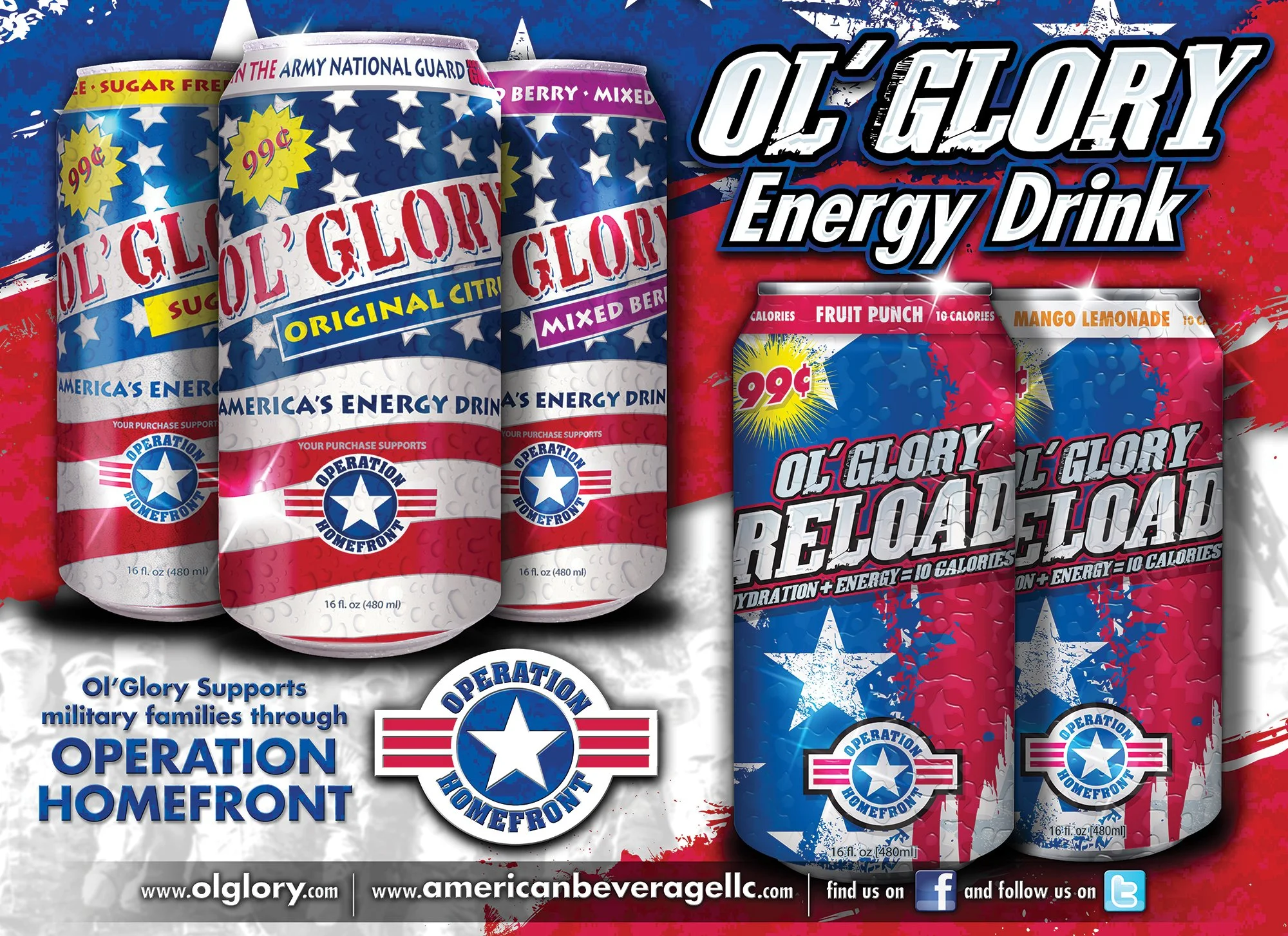 Colorful advertisement featuring cans of OL' Glory Energy Drink with patriotic designs, stars, and red, white, and blue colors. The text highlights the product's benefits and price, supporting military families through Operation Homefront.