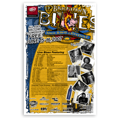 Poster for the 12th annual Bricktown Blues and BBQ Festival held June 15-16, 2007, featuring live blues music, food vendors, and a contest to win a cash prize, with photos of performers and event details.