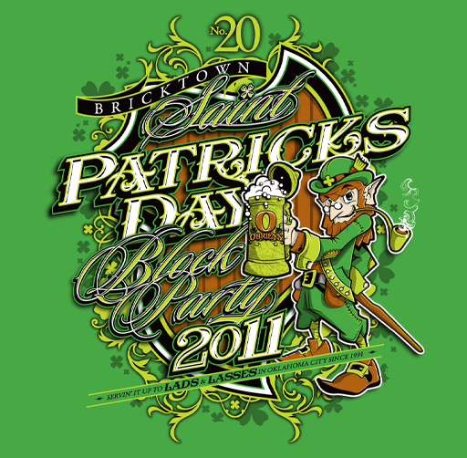 Design for the 2011 Bricktown Saint Patrick's Day Black Party, featuring a leprechaun holding a beer mug, with green and black themed graphics and text.