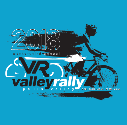 Event apparel Merch for the 2018 VR Valley Rally cycling event in Pauls Valley with a silhouette of a cyclist, blue background, and event details.