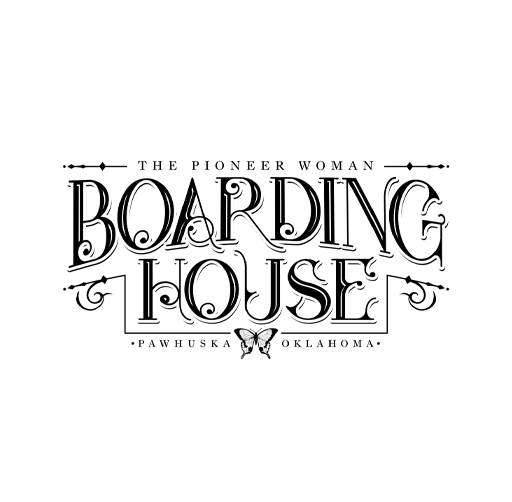 Logo for The Pioneer Woman Boarding House in Pawhuska, Oklahoma, featuring decorative text and a butterfly illustration.
