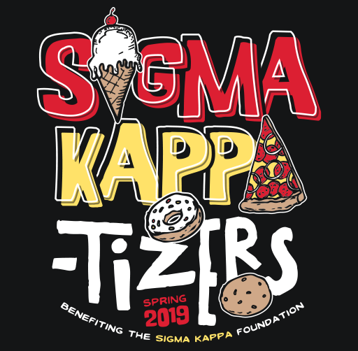 Apparel design for Sigma Kappa T-Zeters Spring 2019 event, featuring ice cream and pizza images.